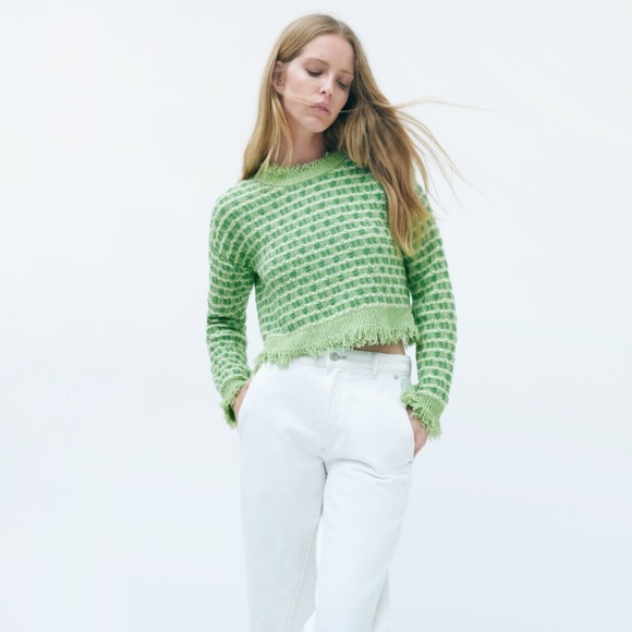 ZARA Knit Green Fringe Sweater - Picture 1 of 4